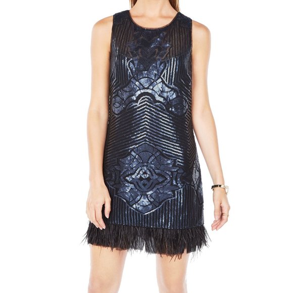 Navy Blue Caterina Sequined Ostrich Trim Dress M